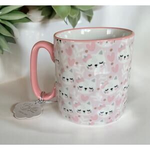 NEW Bella Pink and White Cat Cats Hearts Gold Polka Dots 16oz Coffee Tea Mug